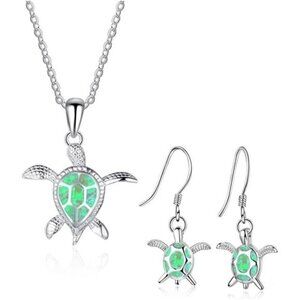 Turtle Necklace Earrings Set for Women Silver Opal Pendant Jewelry Fashion